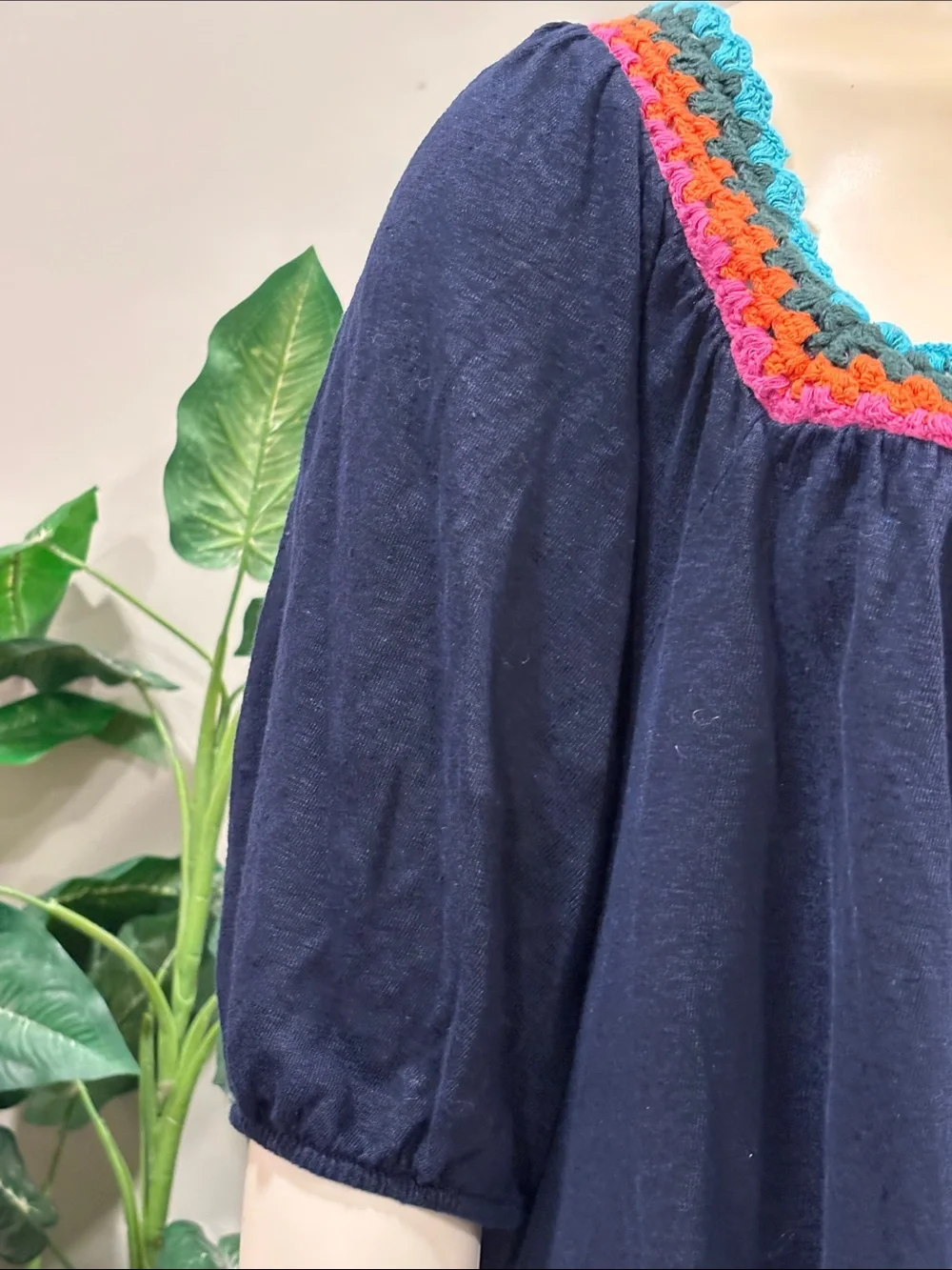 Boden Navy Linen Peasant Top with Crochet-Trimmed Square Neck
